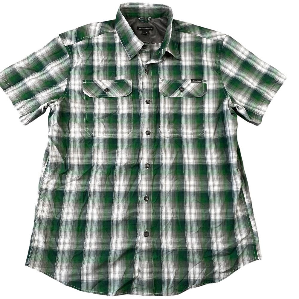 Eddie Bauer Mens Button‎ Up Shirt Size Large Green Gray Plaid Outdoor Camp Shirt